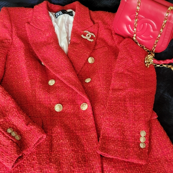 Zara Jackets & Blazers - Zara Tweed red textured double Breasted blazer blogger fave ASO Kate Middleton M